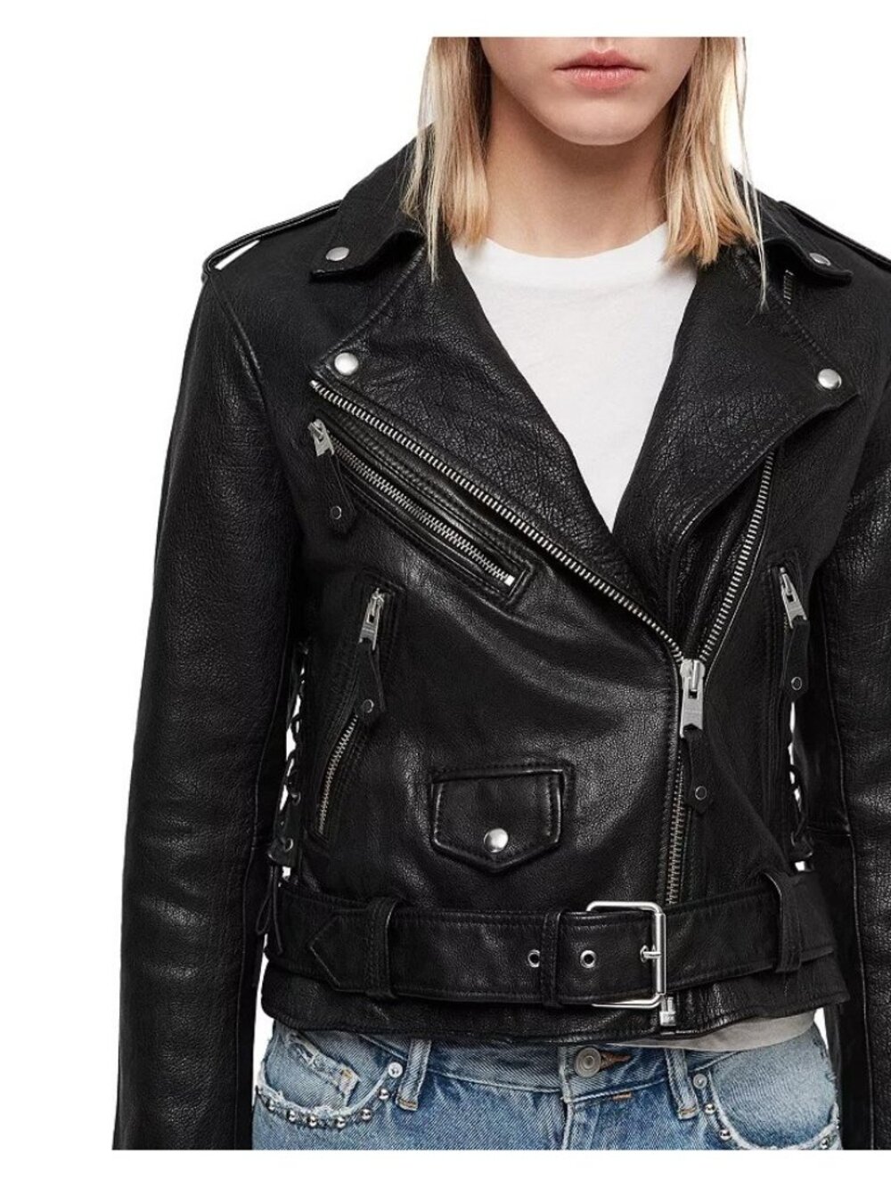 All Saints Sarana sz 4 Biker moto Leather Jacket Black belt lace up side